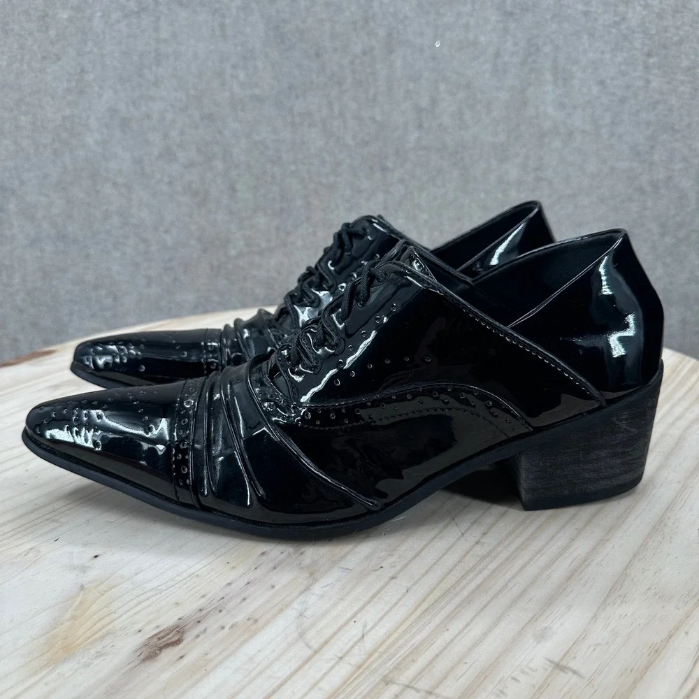 Brogue Heel Shoes Men 9-9.5 Brittish Black Faux Leather Point Toe Pleated Dress